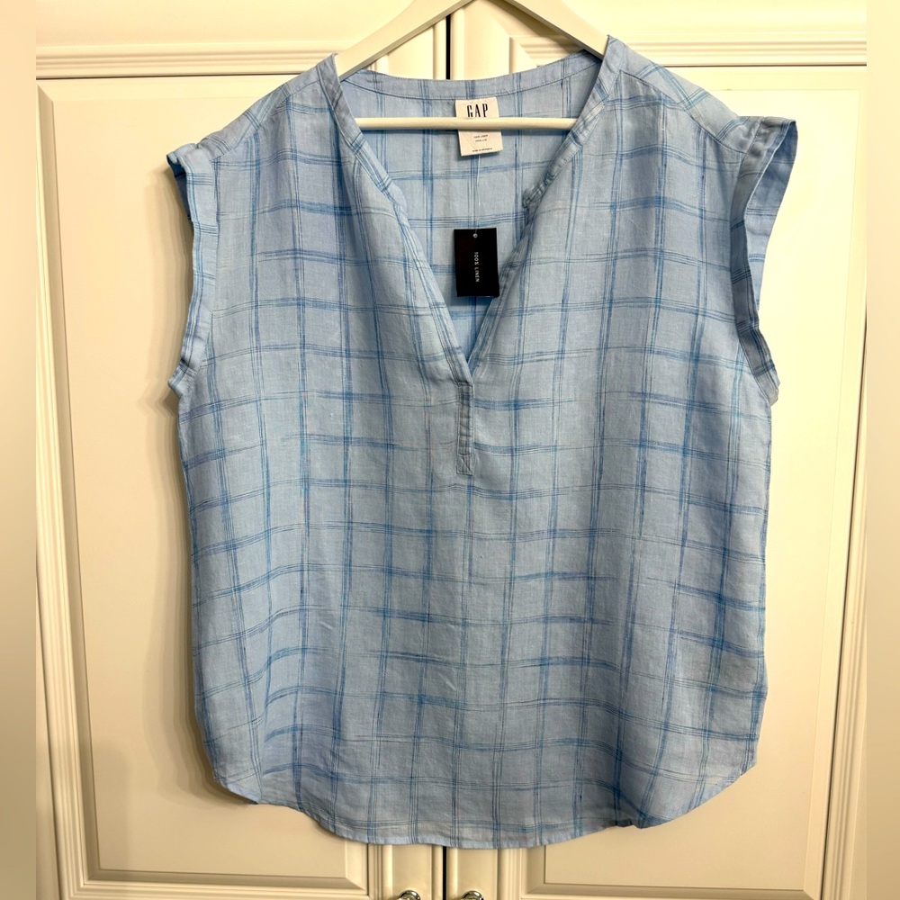 NWT Gap Size Medium 100% Linen Cap Sleeve V-Neck Blouse Blue Checkered Pattern